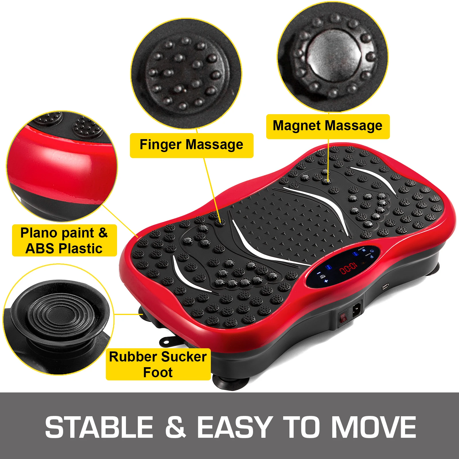 OldFe Piattaforma Vibrante per Allenamento Domestico in Materiale ABS 200W Rosso con Telecomando e Paio di Bande di Resistenza, Pedana in ABS Piattaforma Vibrante Uso Casalingo per Allenamento Fisico