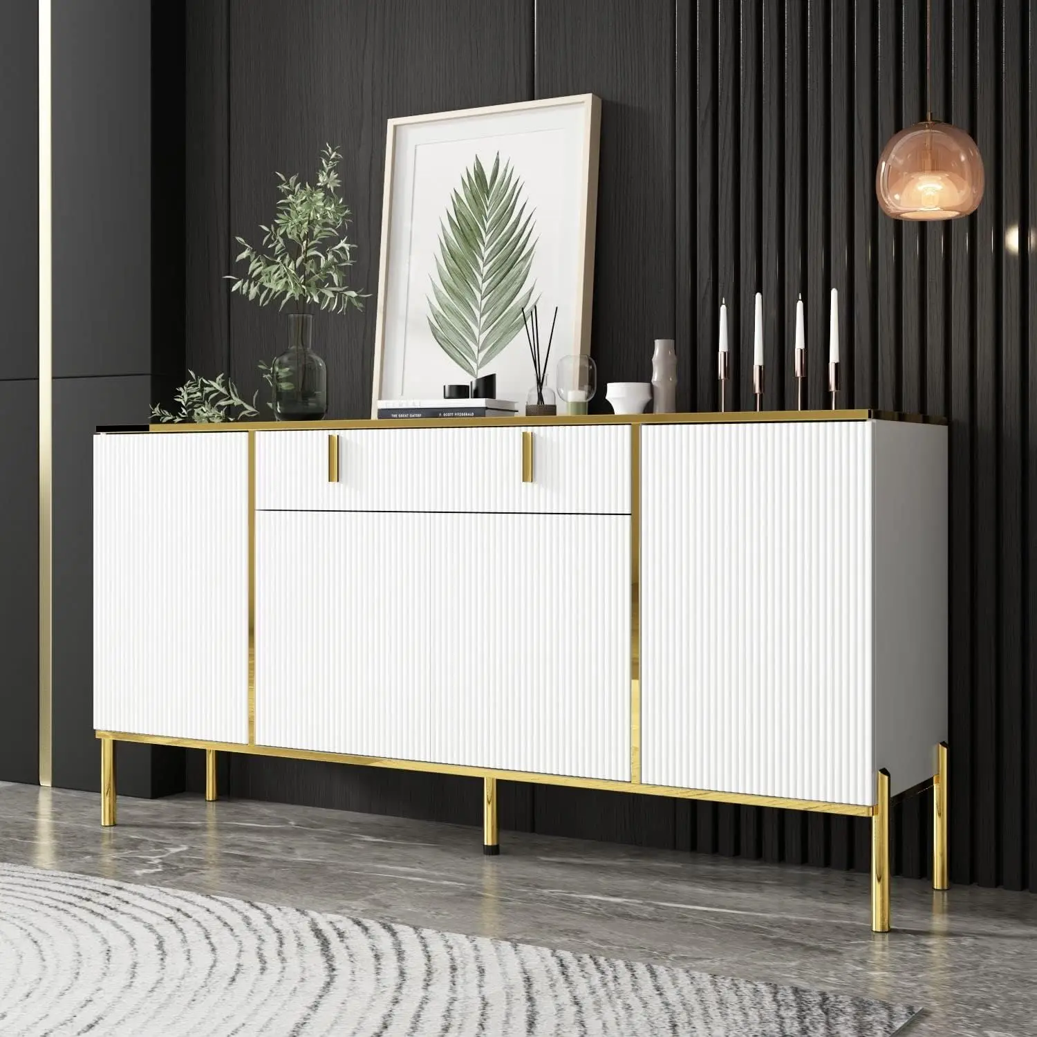 Modern Credenza Sideboard Buffet with Drawer & Pop-Up Doors, Buffet Sideboard , for Living Room Hallway White and Gold