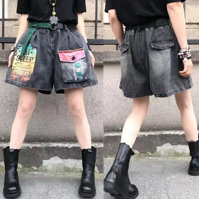 Korean Fashion Summer Women\'s Elastic Waist Pockets Distressed Printing Street Casual High Waist Loose Cowboy Wide Leg Shorts