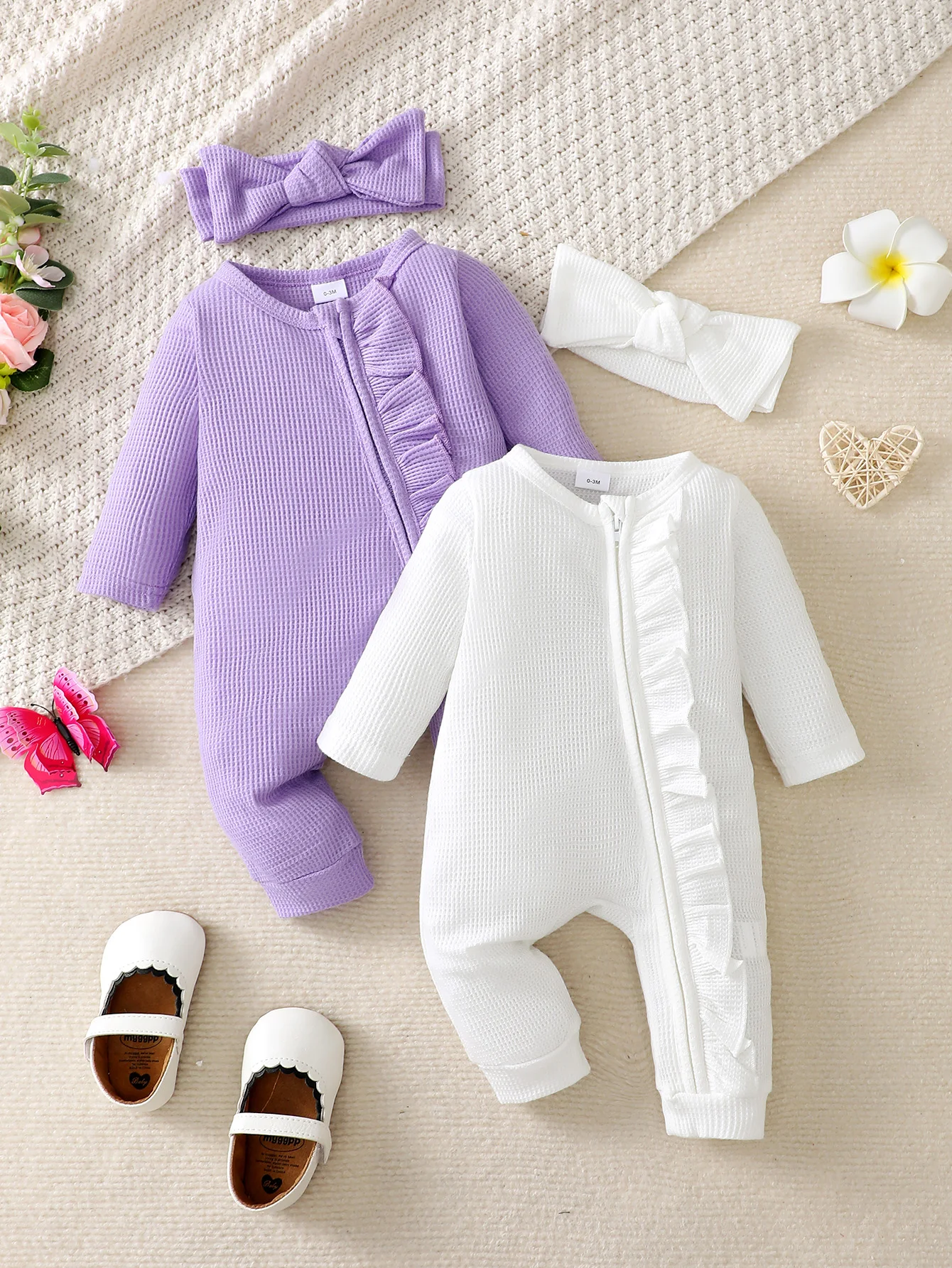 Baby Girl Two-Piece Set with Waffle Pattern Full Zipper Closure And Lace Trim Romper Bib Overall Outfit for Infants