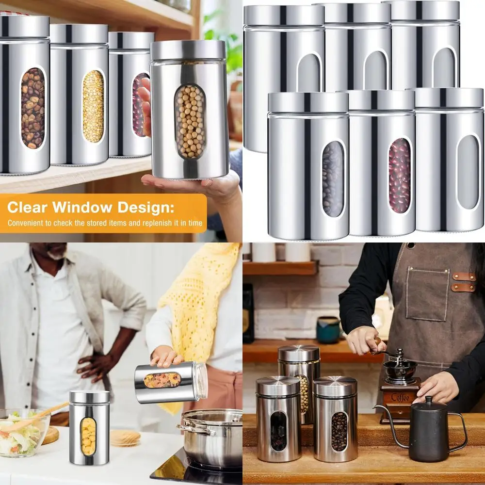 

Набор герметичных канистр из нержавеющей стали со стеклянным окном для хранения кофе, сахара, чая, конфет (32 унции)