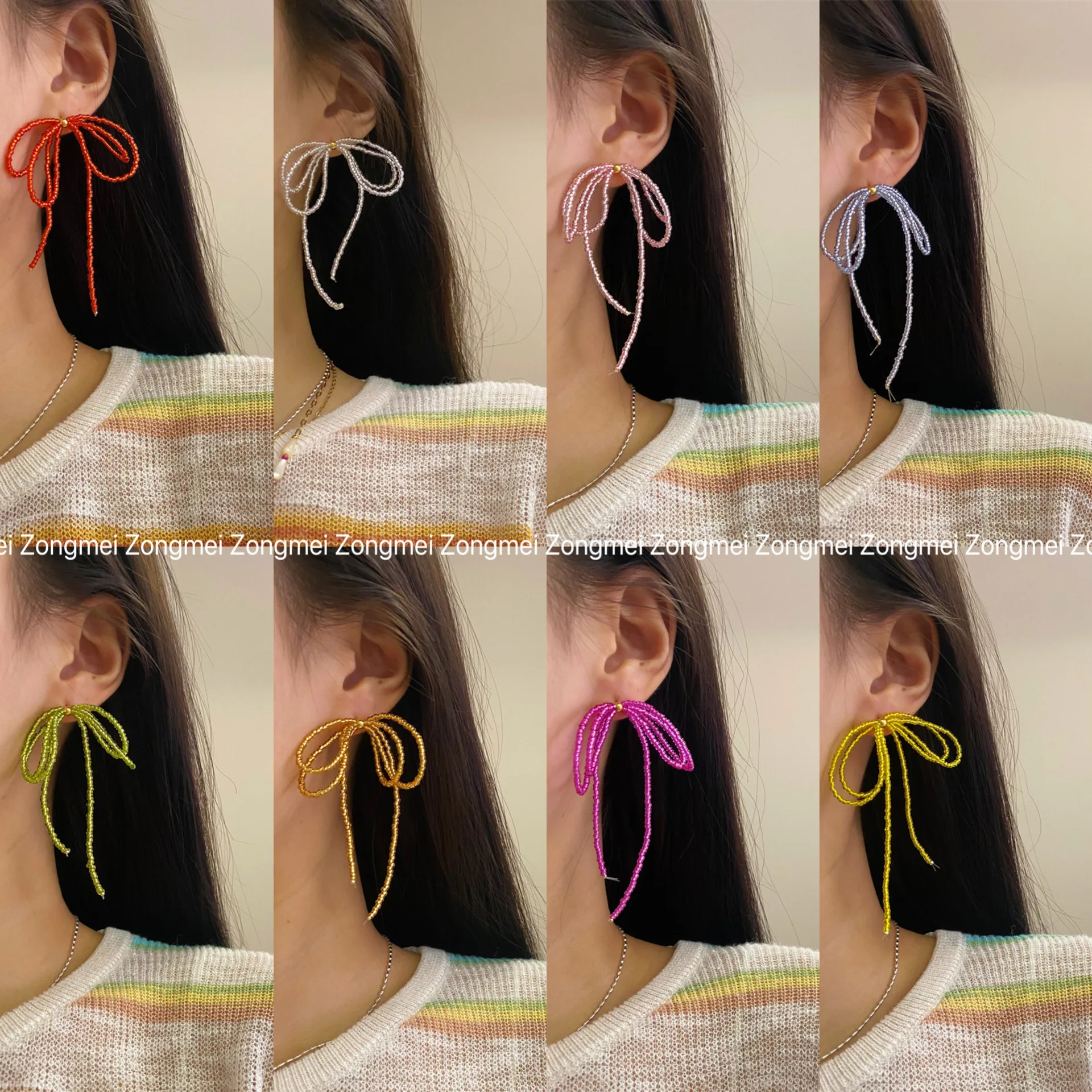 Eight Color New Woven Crystal Beaded Bow Knot Tassel Earrings for Women's Sweet Jewelry