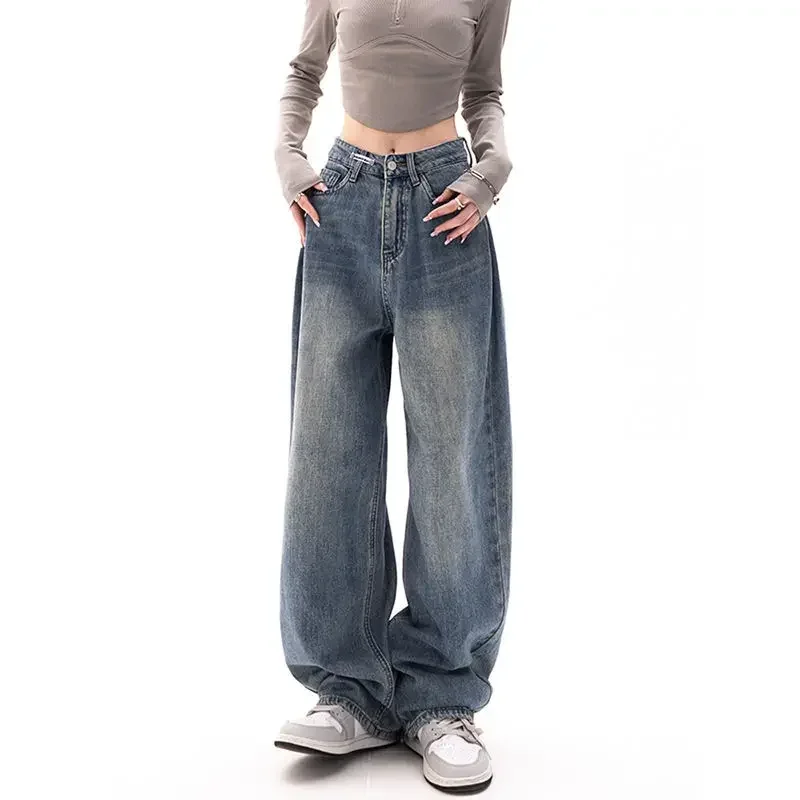 Korean Fashion Y2k Retro Wide Leg High Waist Straight Streetwear Style Blue Jeans Pants Women'S Baggy Denim Trouser Lady Clothes