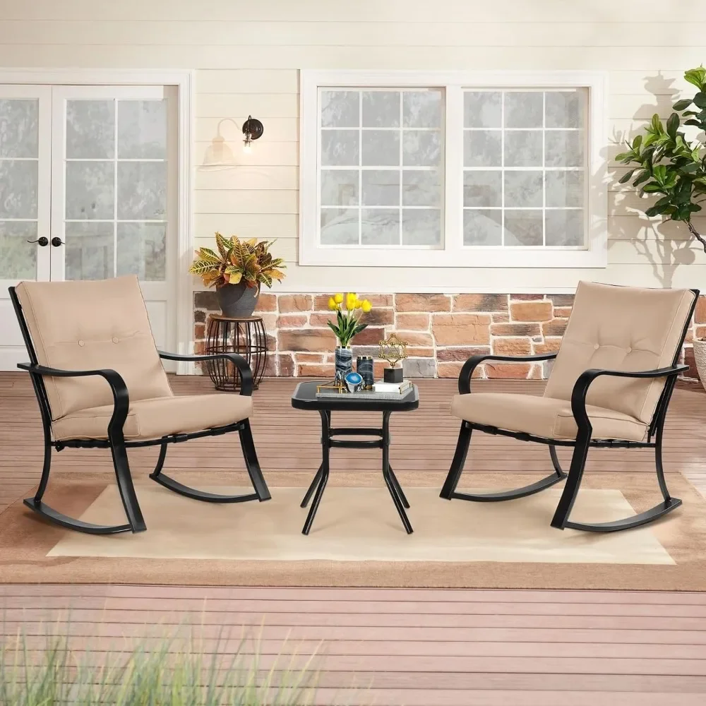 3-Piece Outdoor Rocking Chairs Bistro Set, Black Iron Patio Furniture with Brown Thickened Cushion & Glass-Top Coffee Table