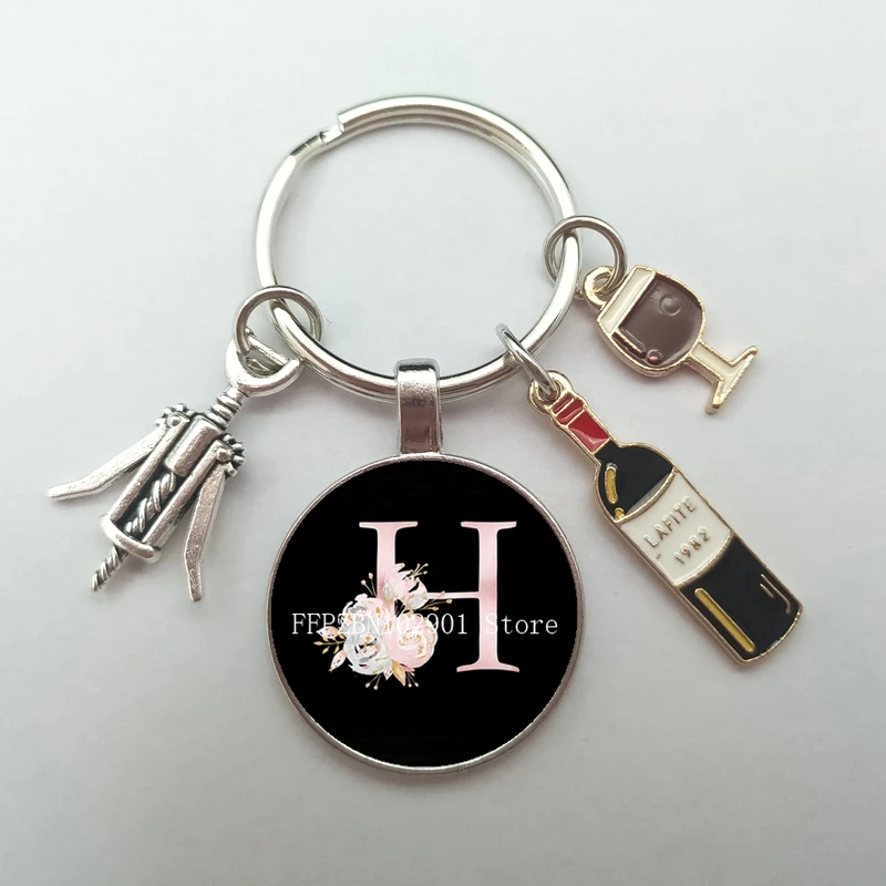 New European and American wine corkscrew wine glass wine keychain A-Z letter cabochon glass keychain bar keychain