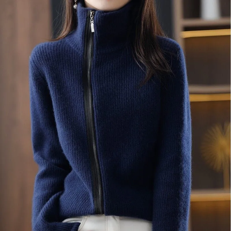 سترة نسائية محبوكة بسحّاب من Thiened سترة نسائية شتوية مفتوحة القمر Sle ملابس خارجية بياقة عالية سترة طويلة فضفاضة مناسبة