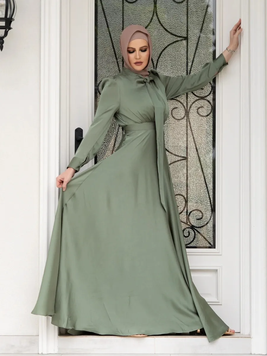 Modest Dubai Abaya Hijab Islam Ramadan Robe Femme Kaftan Formal Evening Maxi Dresses Muslim Fashion Women Satin Prom Long Dress