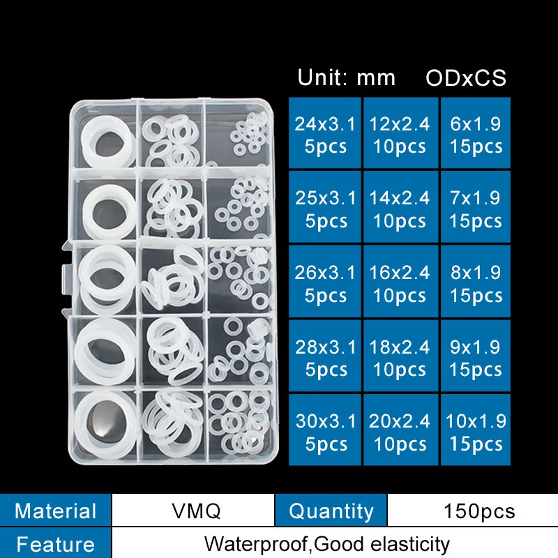 VMQ NBR Seal Ring Silicone Kit Thickness 1.9 / 2.4 / 3.1mm Nitrile Rubber NBR O-Ring Gasket Sealing O Rings Rubber Kit Set-.-