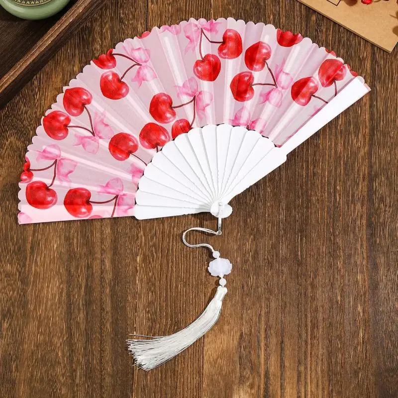 New Summer Folding Hand Fan Cherry Lemon Fruit Pattern Portable Plastic Frame Fabric Tassel Cooling Fan For Home Women