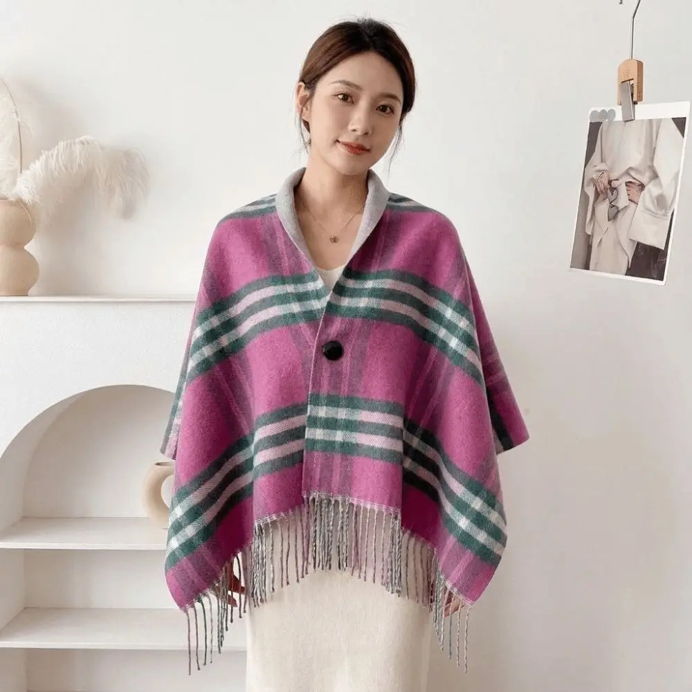 Multi-Functional Double‑Sided Plaid Poncho Shawl Thick Knit Faux Wool Blanket Shawl Tassel Trim Button Closure