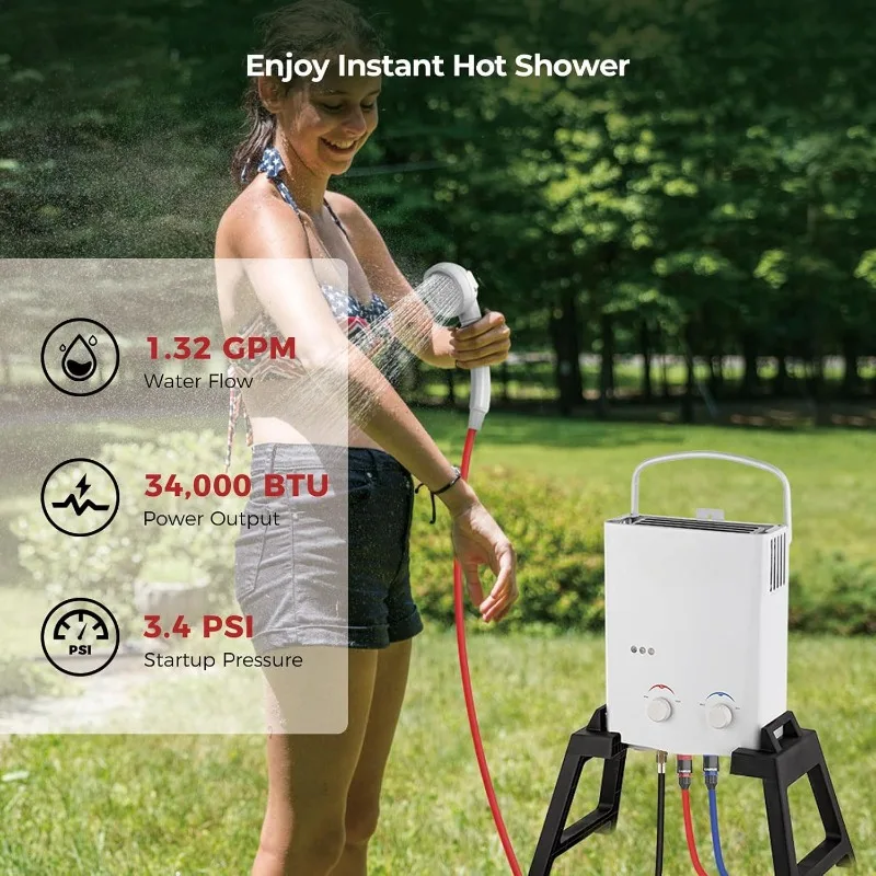 Portable Tankless Water Heater, 1.32 GPM Outdoor Camping Propane Gas Water Heater Pump w/Free-standing Stand and Carry Bag