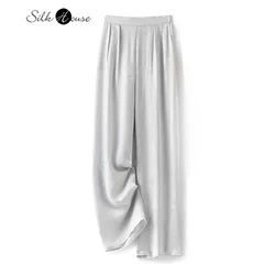 Summer Cool Breathable 100% Natural Mulberry Silk HuaLuo Elastic Waist Women's Fashionable Office Commuting Straight Leg Pants