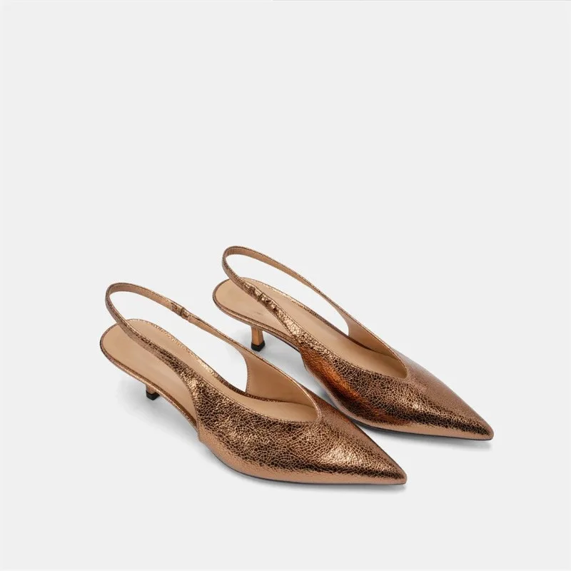 Vintage Cracked Leather Pleated Washed Pointed Toe Shallow Hair Low Heel Sandals