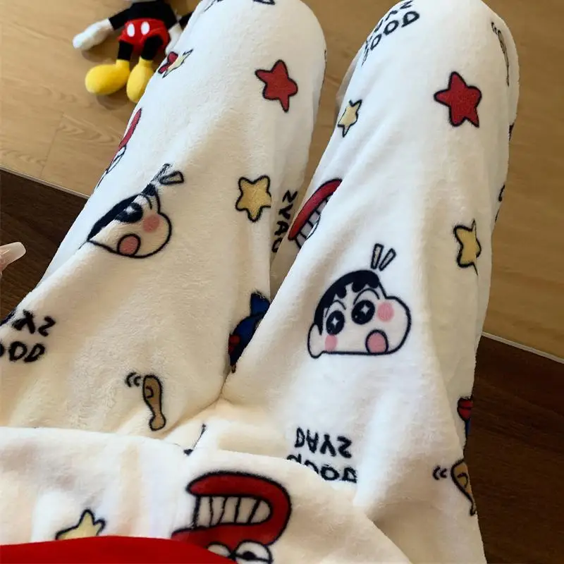 Cartoon Crayon Shin Chans Autumn and Winter Flannel Pajamas Kawaii Warm Thick Loose Comfortable Soft Home Clothes for Girls