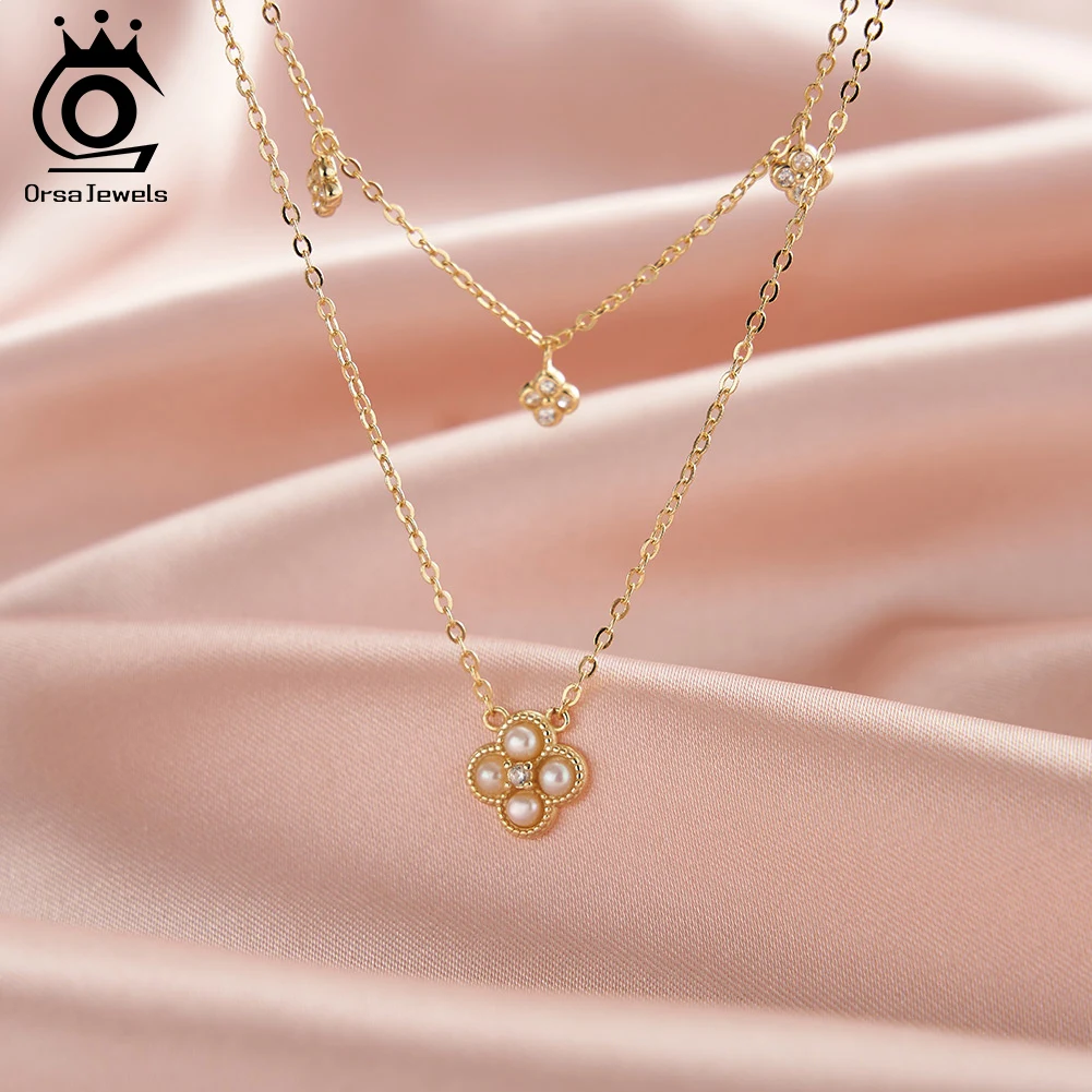 ORSA JEWELS 925 Sterling Silver Double Layered Cable Chain Natural Freshwater Pearl Pendant Necklace With AAA CZ Jewelry GPN80