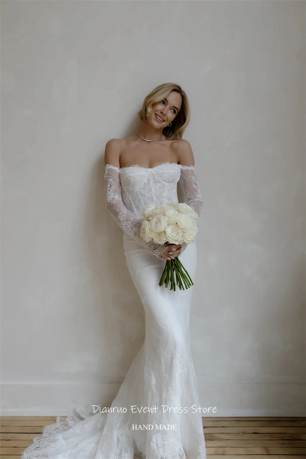 Dianruo Bodenlangen Handgemachte Hochzeit Kleid Meerjungfrau Vestido Novia Weg Von Der Schulter Applikationen Zivil Robe De Mariée Angepasst