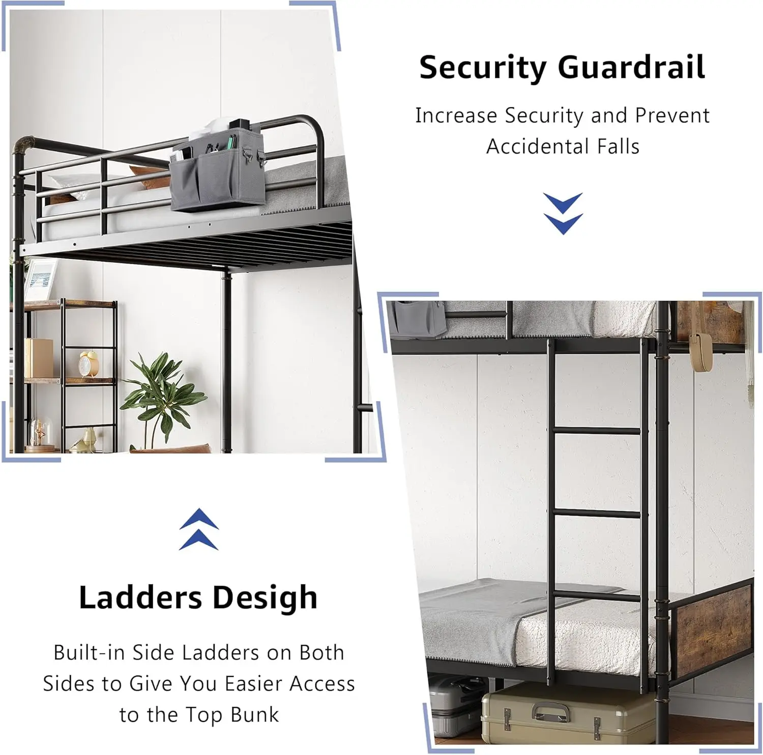 Bunk Bed Twin Over Twin, Industrial Bunkbeds with Heavy Duty Bed with Safety Guard Rails and Space-Saving Design, Steel Bed for