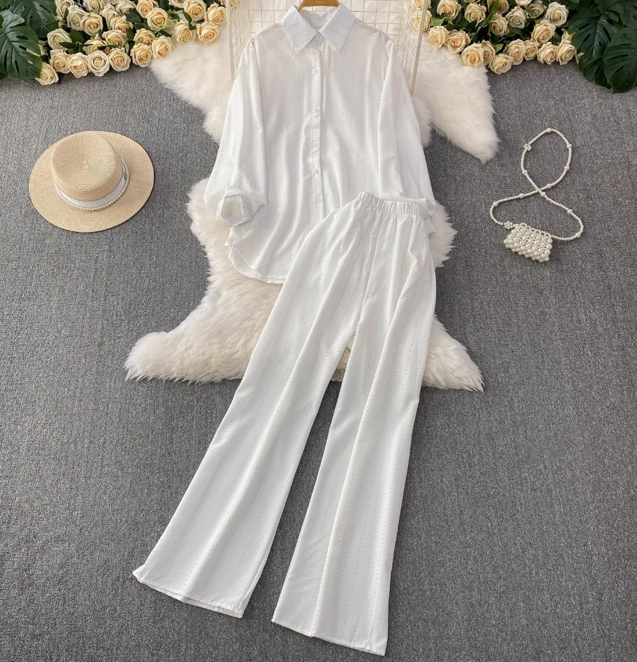 

SuperAen Pleated Fashion Oversize Women's High-end O Neck Top Pleated Tshirt Casual Pants Two-piece Set