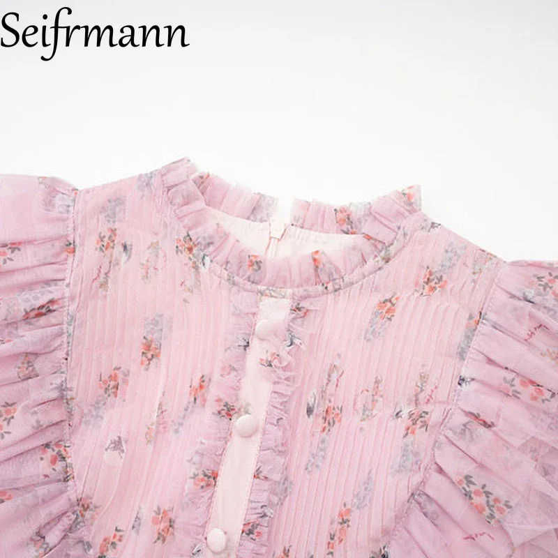 Seifrmann Damen Elegantes Party-Abschlussballkleid, Sommer, Netzstoff, lange Ärmel, Volantrand, Blumendruck, modische Big Swing-Kleider