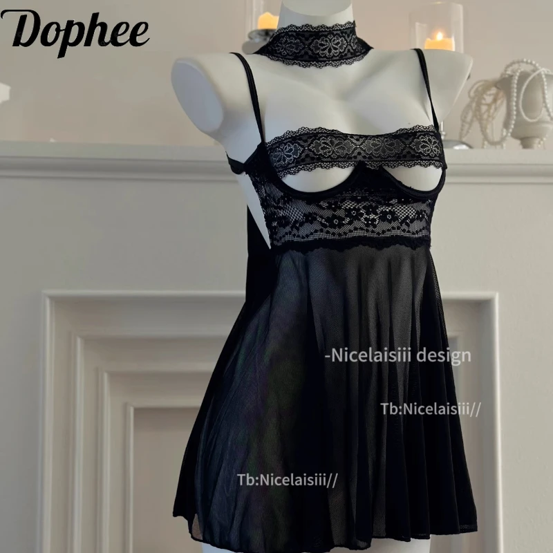 

Dophee Sexy Lace Steel Ring Gathering Lady Underwear Hollow Out Perspective Mesh Nightgowns Hot Chick Suspender Night Dress