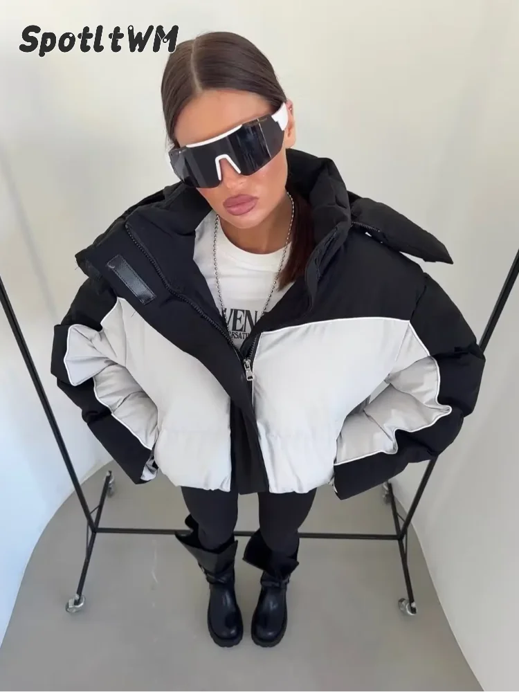 Women's Color-block Hooded Cropped Puffer Jacket Zip Up Drawstring Hem Warm Short Padded Coat 2026 Winter Street Daily Outfit