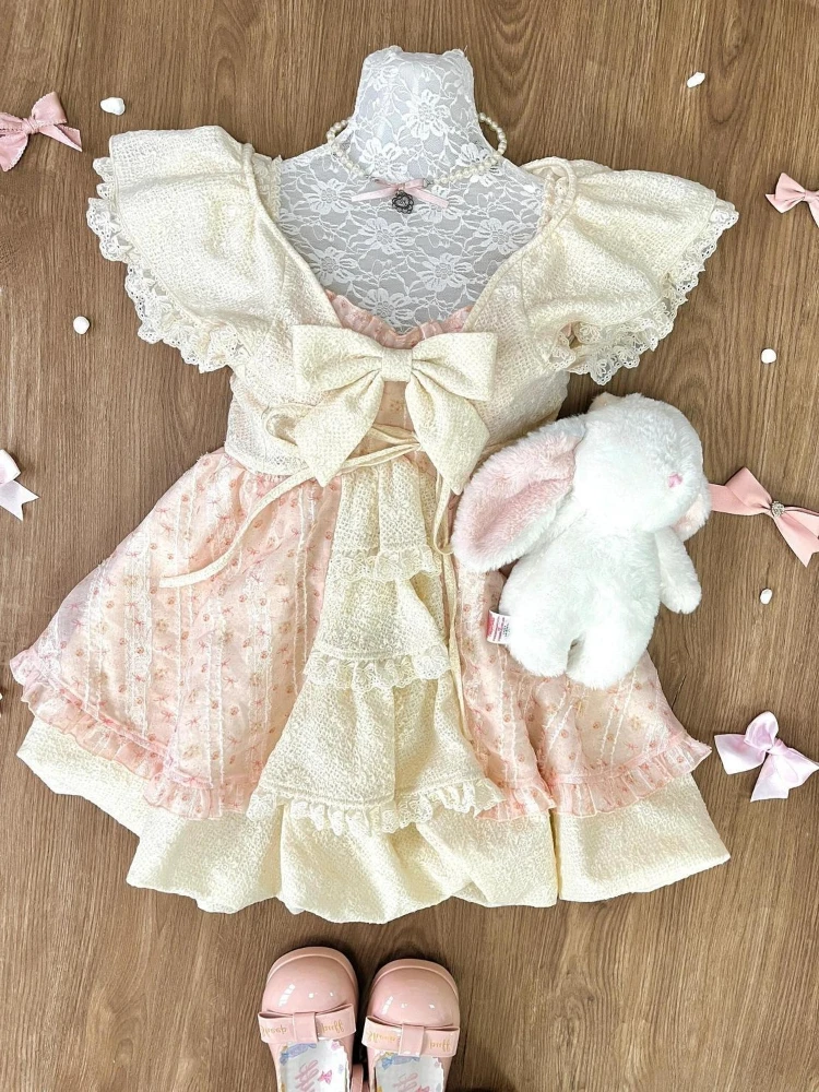 

Милое кружевное женское платье в стиле Лолиты из 2 предметов Y2k с бантом принцессы + дизайнерская шаль, женская модная одежда в стиле ретро в стиле феи, лето 2025 г.