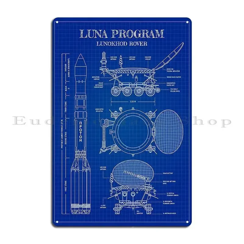 Luna 17 Mission Lunokhod Moon Rover Blueprint Vertical Metal Plaque Poster Wall Cave Create Print Wall Cave Tin Sign Poster