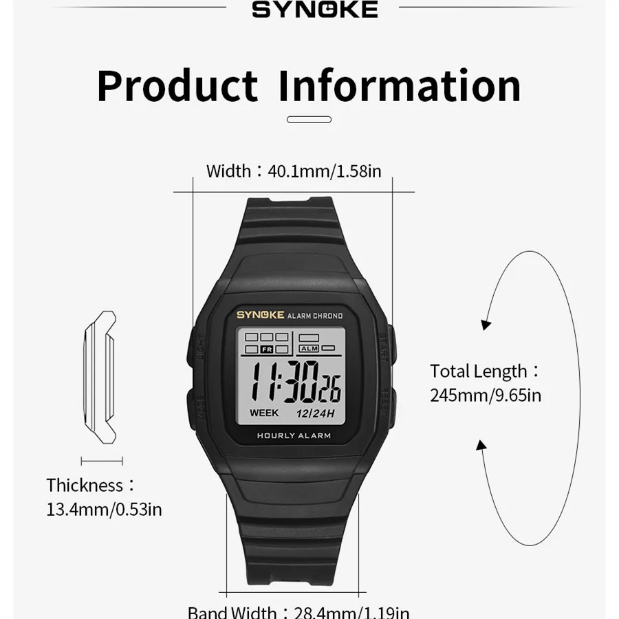 SYNOKE Digital Watch Men Sports Electronic Watch Waterproof Night Glow Large Screen Square Student Watch Outdoor Running Camping