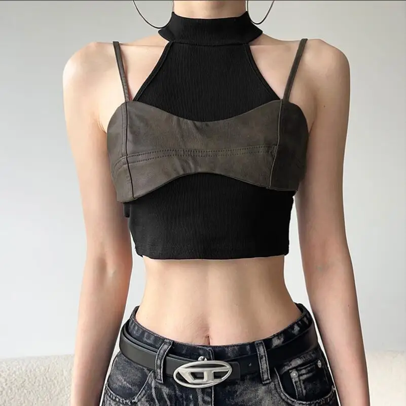 

Spicy girl cool Leather strap splicing sling Tops Women 2024 New Off shoulder vest Femme navel exposed short top w1032
