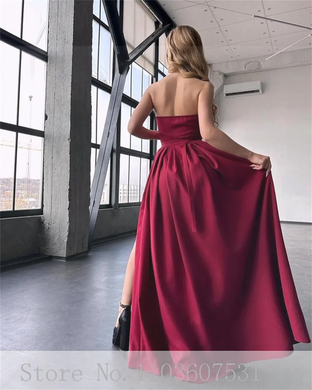 Boat Collar Satin Pleated Long Prom Dress for Women with Side Slit A-line Backless Belt Prom Party Gown vestidos de festa