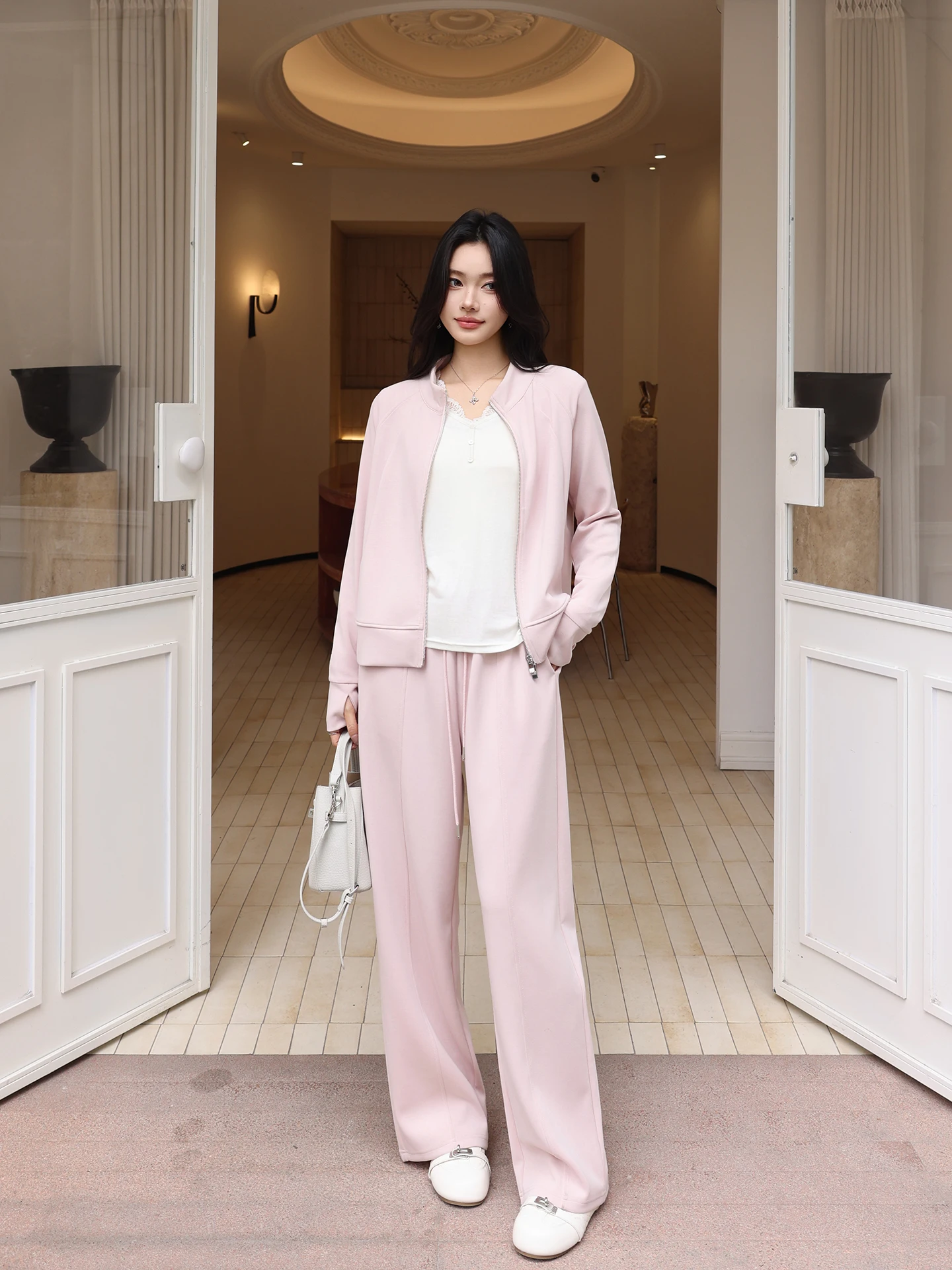 

Женский модный комплект из модала Luma: свитшот и брюки, весна 2026, розовый песочный цвет, повседневный комплект из двух предметов, свободный крой, с длинными рукавами, на молнии