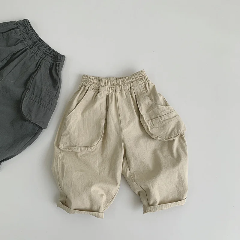 Spring Summer Children Pants 1-8Y Boys Cotton Pocket Wide Leg Daily Trousers Loose Korean Toddler Wear Kids Clothing 2024 New