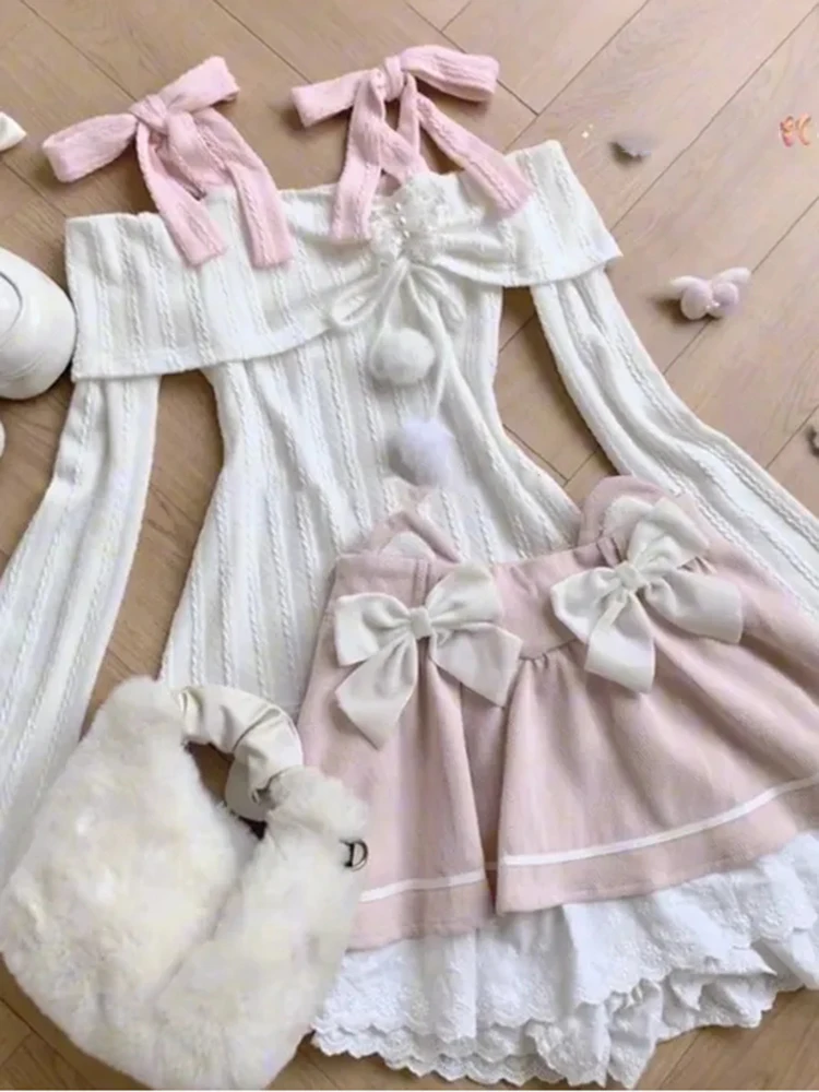 Słodki, wiązany na szyi, odkryty dekolt, długi rękaw, damski top i wysoka talia, wyszczuplająca spódnica, dwuczęściowy zestaw na jesień.