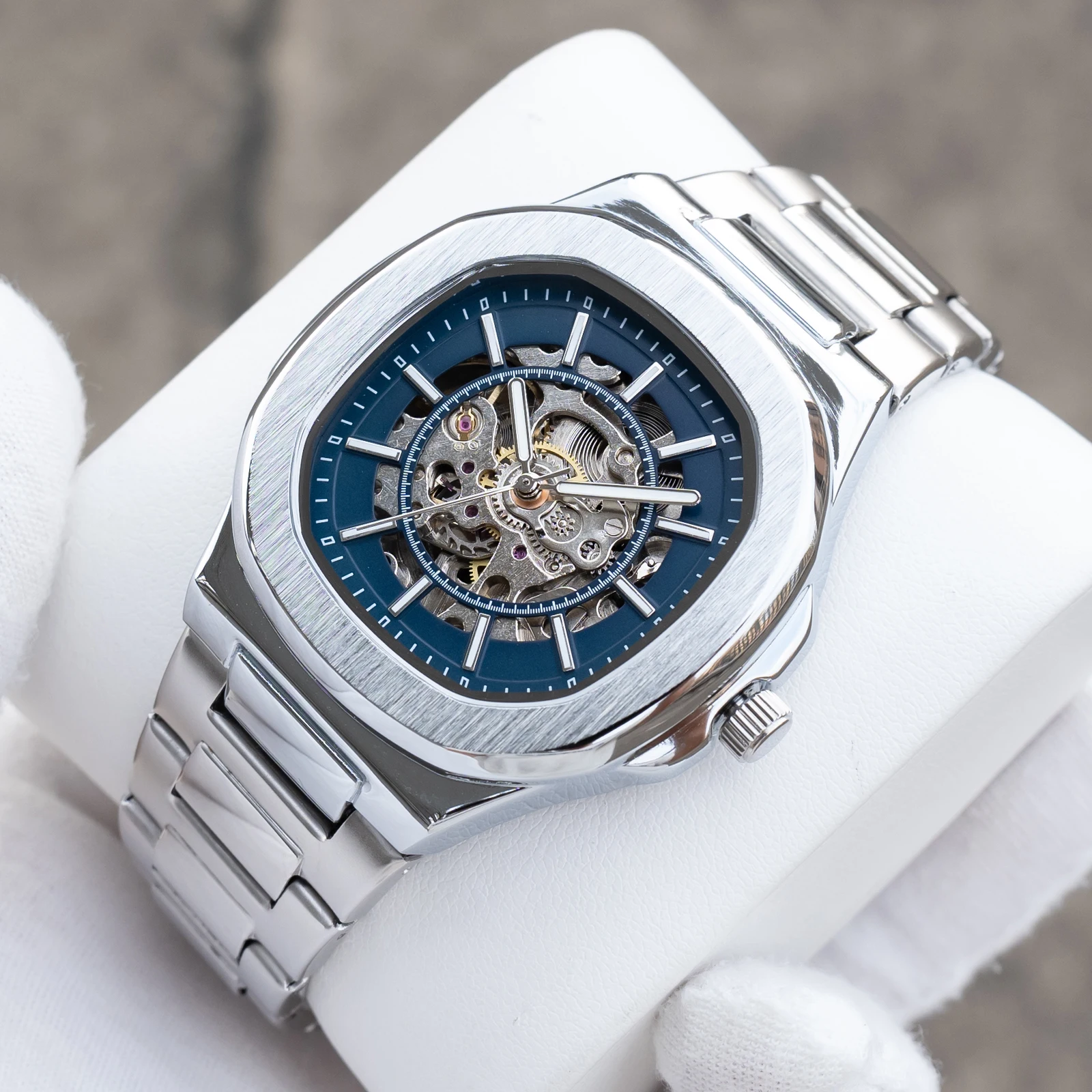 Роскошные мужские автоматические механические часы с квадратным скелетом и синим циферблатом, модный деловой браслет