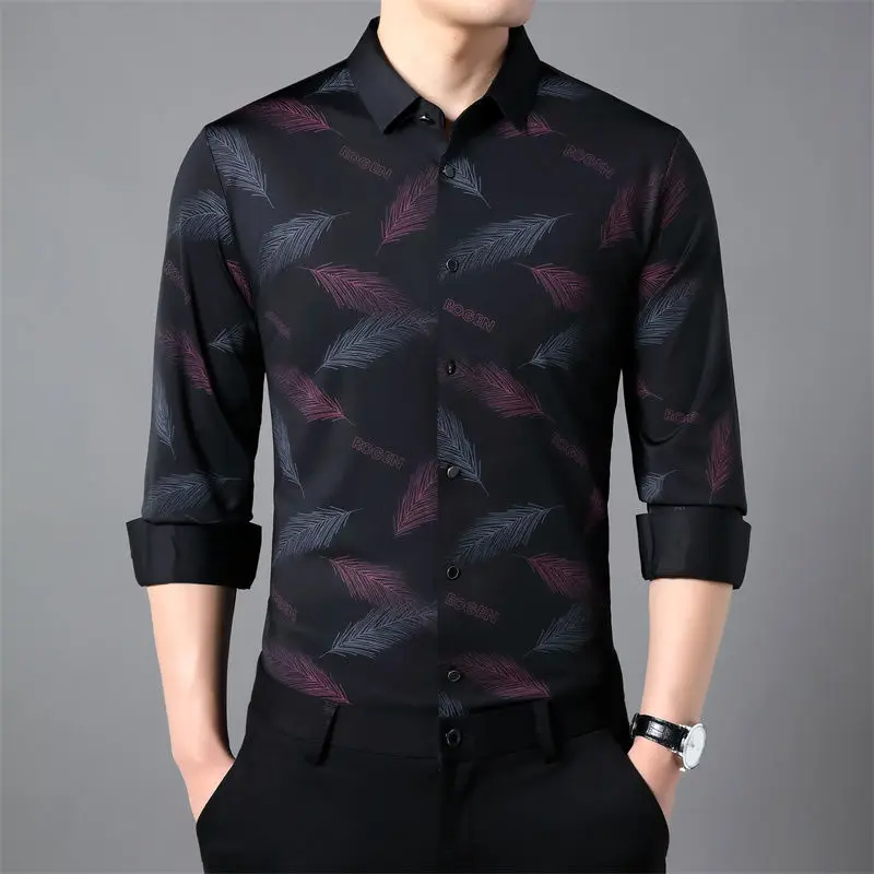 Business Spring Autumn Men\'s Letter Geometry Printing Button Long Sleeve Turn-down Collar Cardigan Shirt Casual Formal Tops