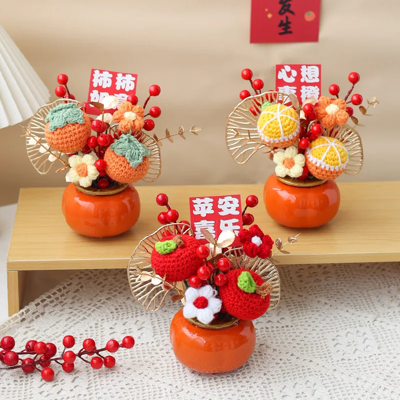 

Handmade Woven Flower Crafts Crochet Persimmon Apple Plants Knitting Ornaments Lucky Home Desktop Wedding Decor Gift