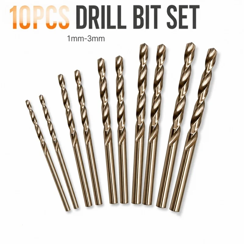 10-Piece M35 High-Speed Steel Twist Drill Bit Set, 1–3 mm, Straight Shank Drill Bits, Suitable for Drilling Stainless Steel, Met