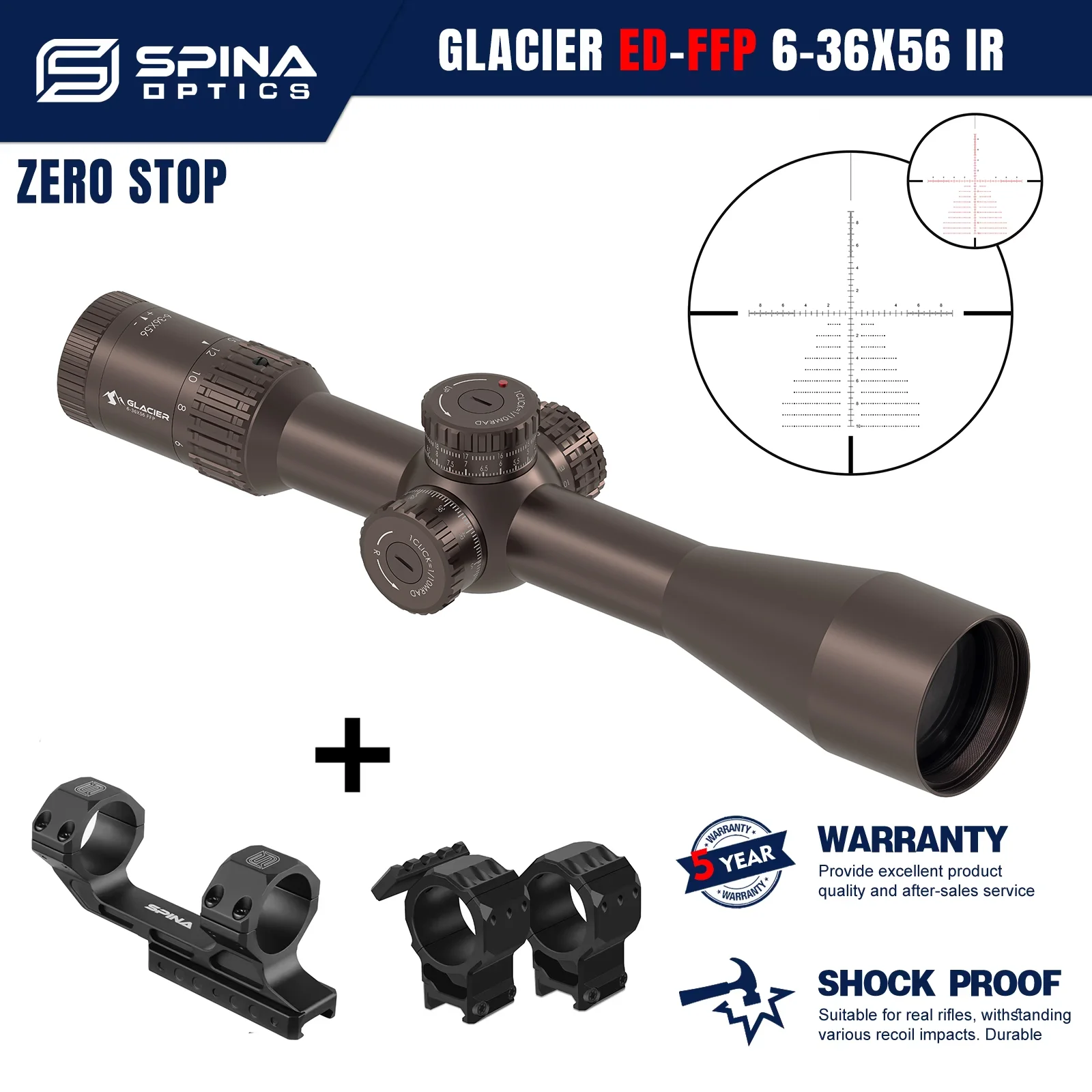

​​SPINA OPTICS GLACIER 6-36x56 FFP Прицел с гарантией 5 лет! ED-линза, 10-4000м, трубка 34мм, под патроны .338 Лапуа/.50 BMG​​
