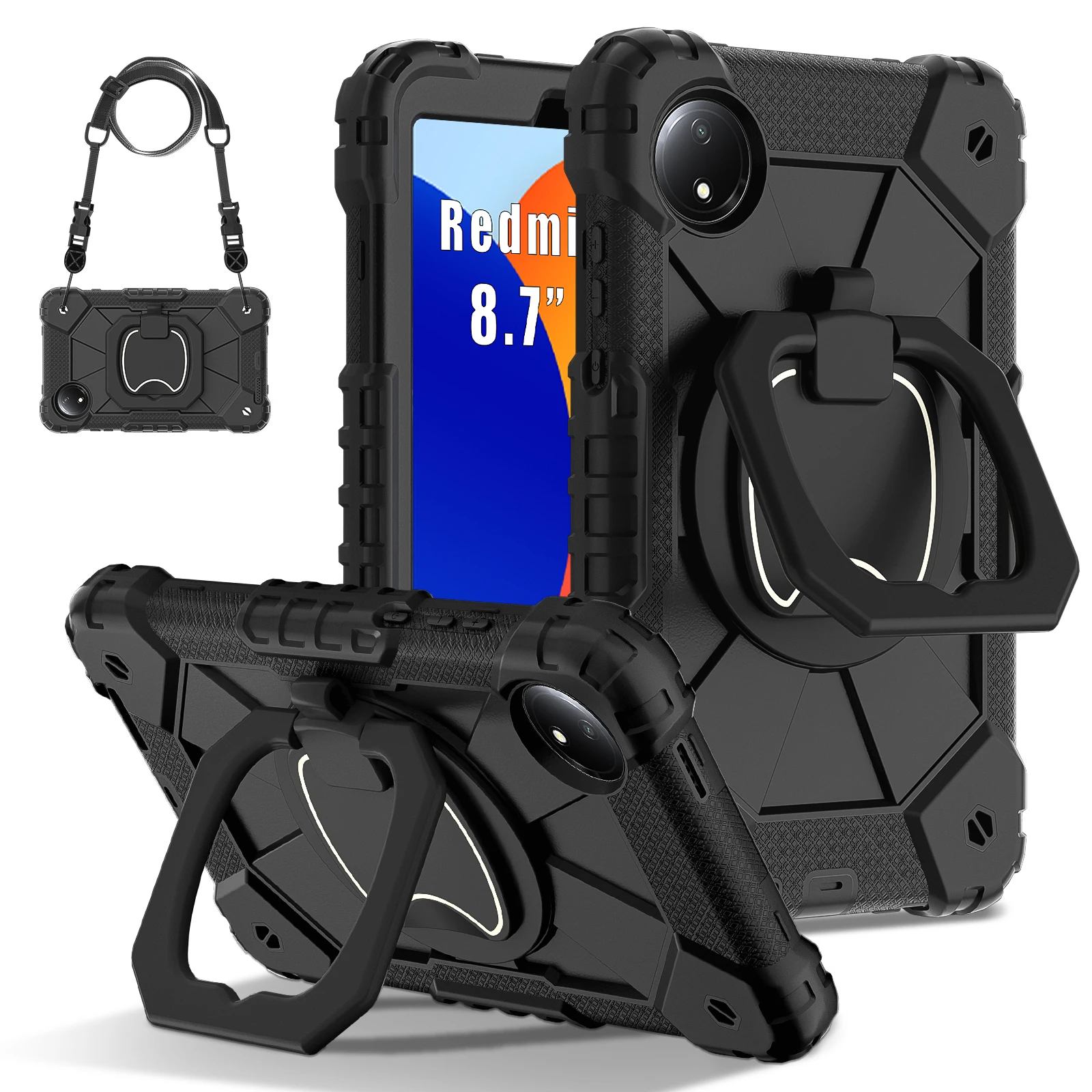 

For Redmi Pad SE 8.7 mini 4G 2024 Heavy Duty Armor Case 360° Rotating 3-layer Protection Stand Cover With Shoulder Strap
