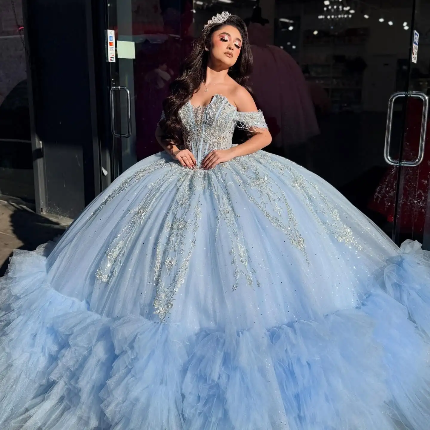 Sophie Customized Light Blue Quinceanera Dresses Off the Shoulder Glitter Decal Lace Layering Long tail Bow Vestidoe 15 Quincean - AliExpress 320 Sophie Customized Light Blue Quinceanera Dresses Off the Shoulder Glitter Decal Lace Layering Long tail Bow Vestidoe 15 Quincean - AliExpress 320