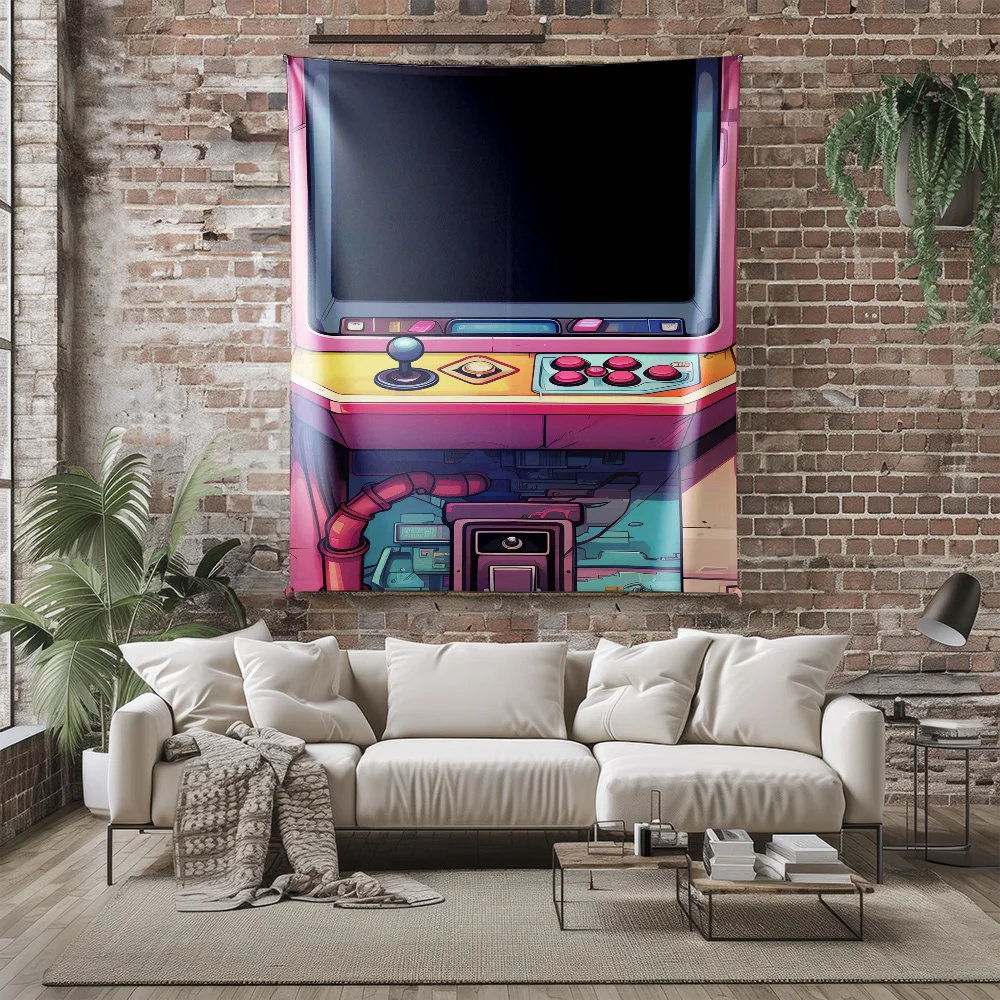 Retro Arcade Machine Game Console Tapestry Vibrant Pink Yellow Blue Design Machine Washable All Season Decor Home non-toxic