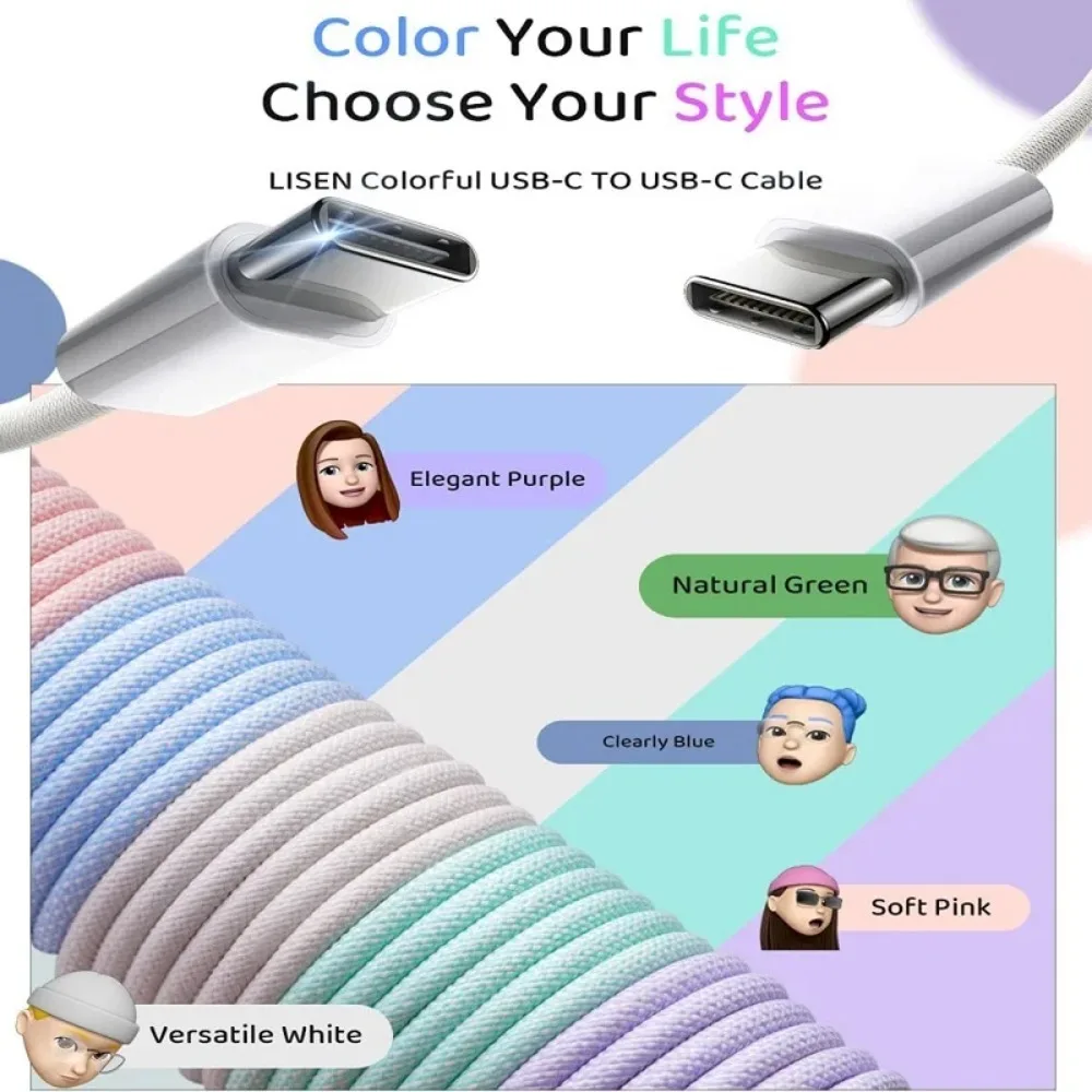 USB-C to Type C Color Cable For Apple iPhone 15 PD 60W Fast Charging For Huawei Xiaomi Samsung Type C Weaving Cable Accessories