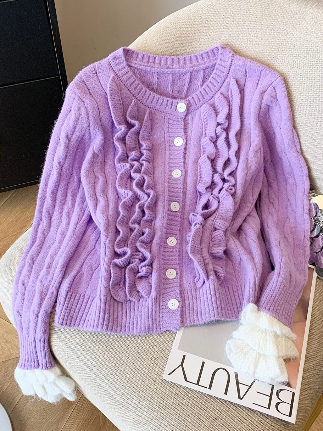 

Фиолетовый вязаный свитер, кардиган, женский ранний осенний дизайн, размер или, маленький самосохраняющий костюм, корейская версия, свободный крой