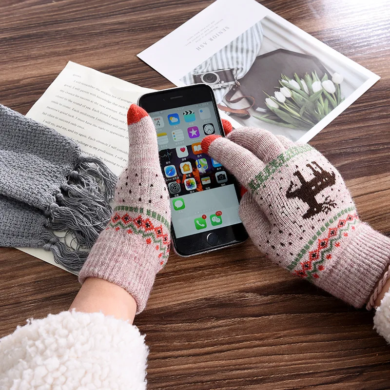 

Fashion Ladies Gloves 2022 Winter Women's Warm Touch Screen Deer Knit Woolen Fleece Outdoor Korean Edition Cute Knitted Gloves