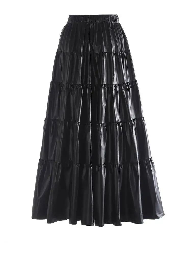 High Elastic Waist Black Zipper Pu Leather A-line Half-body Skirt Women Fashion Tide New Spring Autumn
