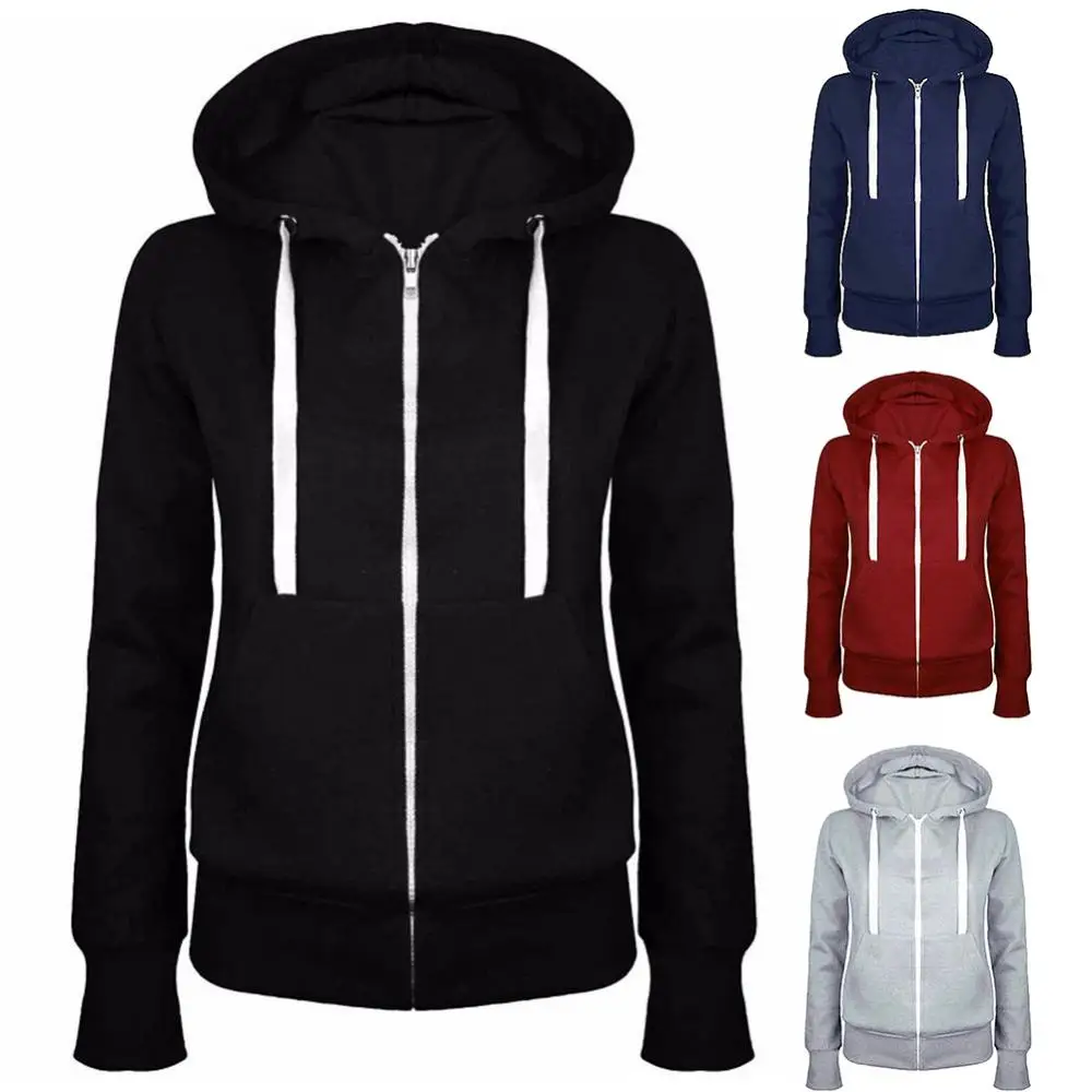 Long Sleeve Casual Fashion Hood Coat Solid Color Lady Hooded Pocket Zip Up Sweatshirt