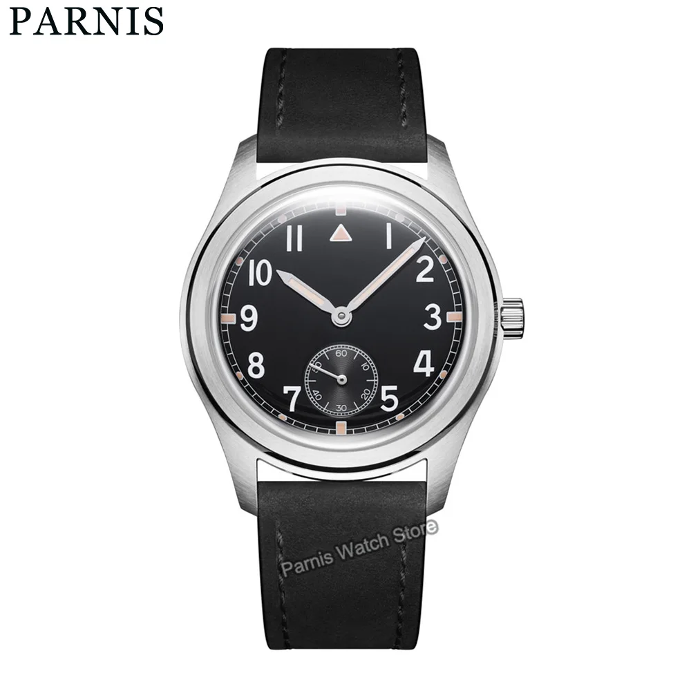 Parnis 2024 Jahr 38mm Silber gehäuse mechanische Herren uhr schwarzes Leder armband automatische Selbst aufzug Herren Sport uhren