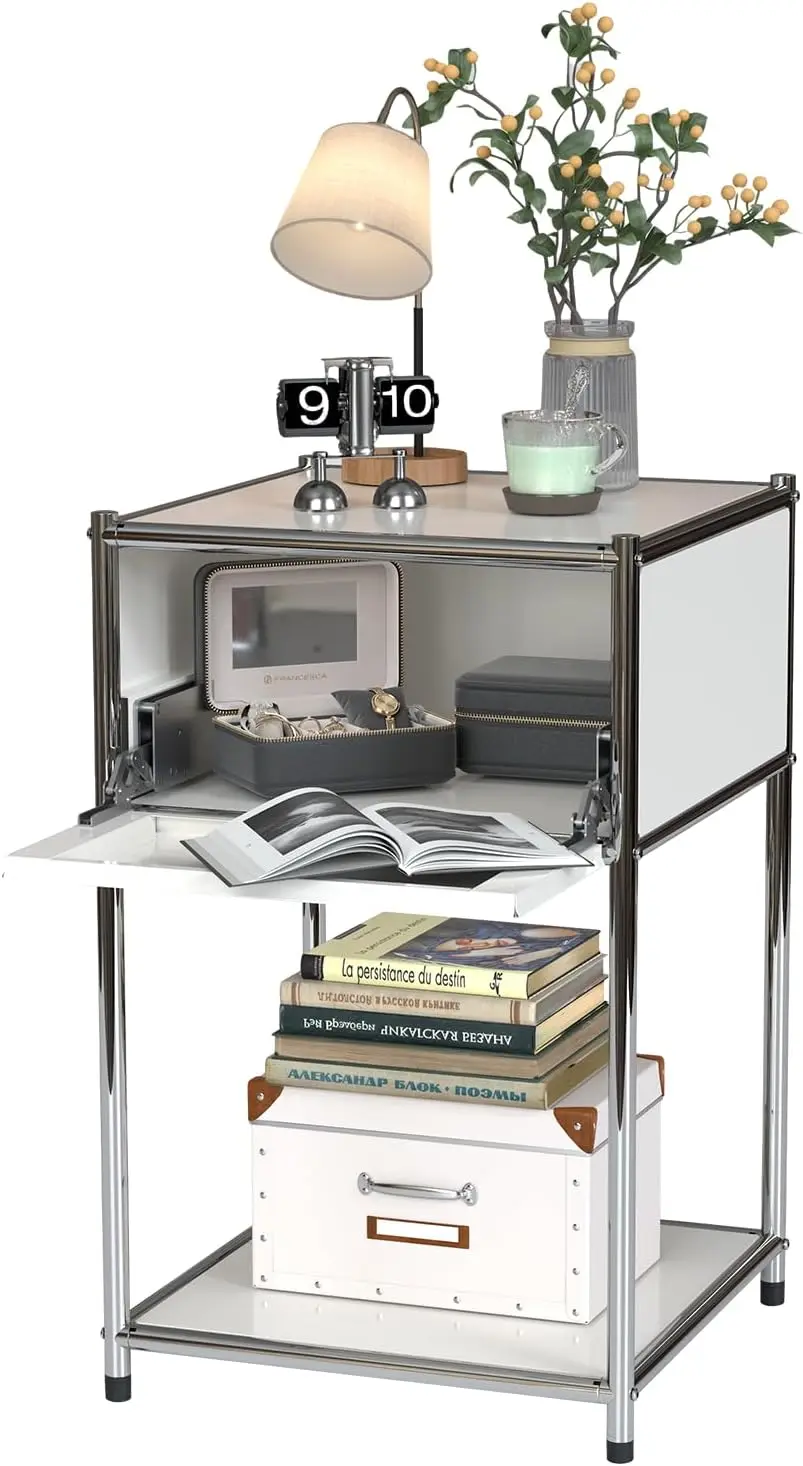

White Night Stand with Drawers:Modern Nightstand with Storage,Metal Heavy Duty Industrial Side End Tables Living Room Sofa Couch