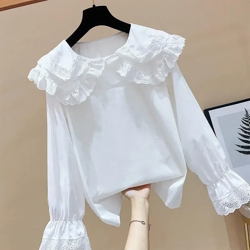 Lace Peter Pan Collar Shirt Spring  Summer White Summer Top Blouse Women Blusas Ropa De Mujer