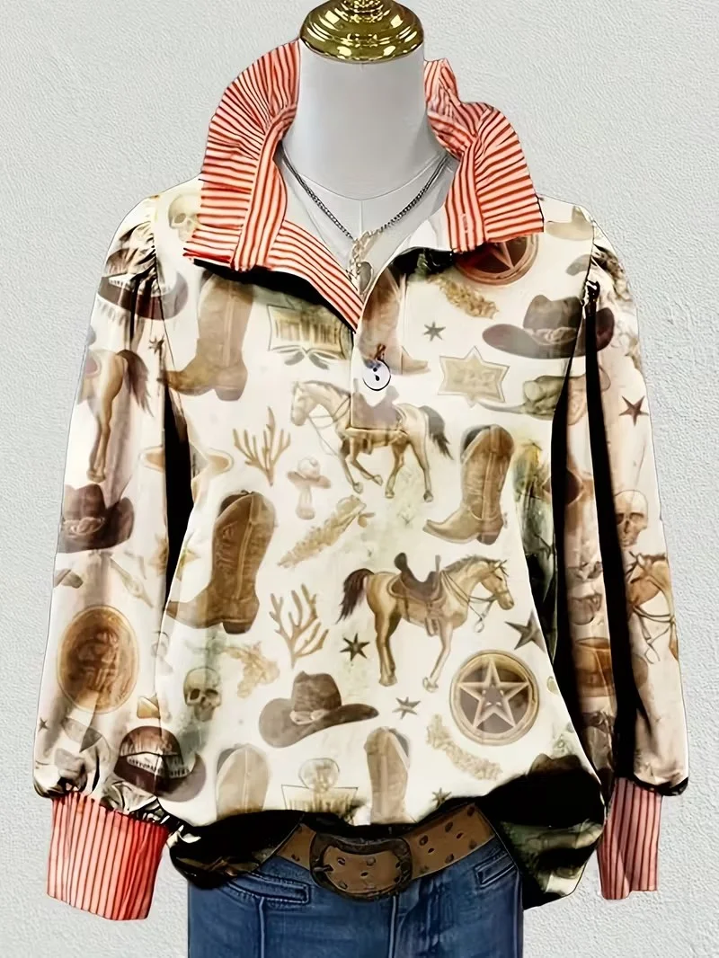 Women's striped casual fashion shirt with multi-color striped collar and half button shirt pattern,Elegant stand up collar desig